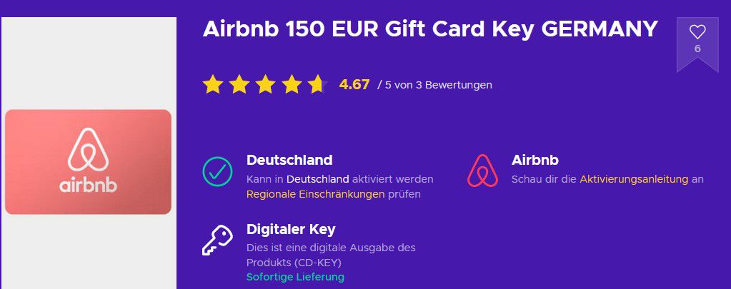 150€ airbnb Guthabenkarte für 135,73€