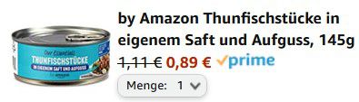 145g by Amazon Thunfischstücke in eigenem Saft und Aufguss ab 0,89€