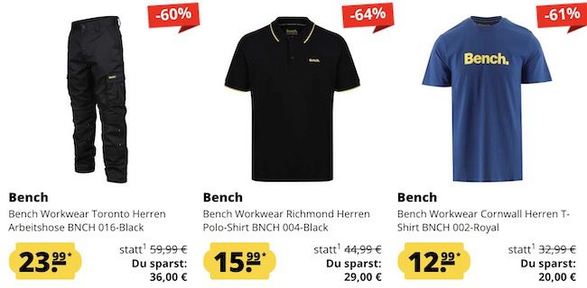 Bench Workwear Sale + 5€ Gutschein   z.B. Toronto Arbeitshose 23,99€ (statt 39€)