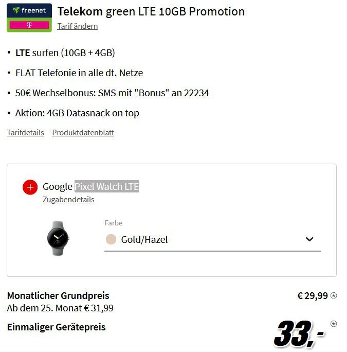 🔥 Google Pixel 7 + Pixel Watch LTE für 33€ + 14GB Telekom Allnet für 29,99€ mtl.