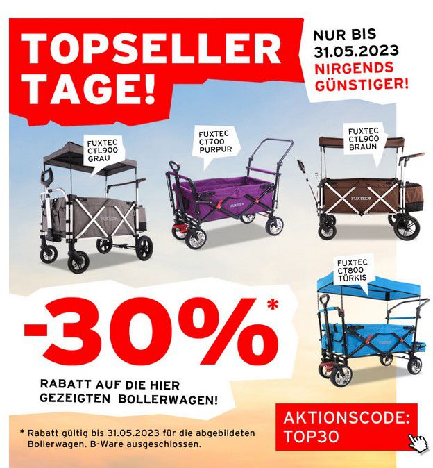 30% auf ausgewählte Fuxtec Bollerwagen – z.B. FUXTEC FX-CT700 für 210€ (statt 284€)