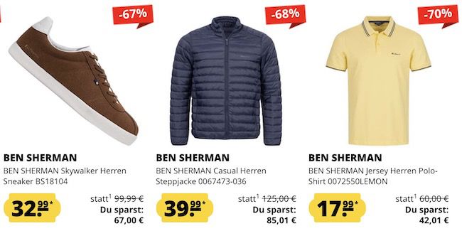 Ben Sherman Mega Sale   z.B. Steppjacke 39,99€ (statt 50€)