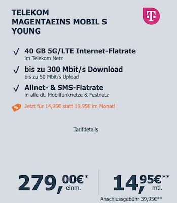 Young + Magenta: Apple iPhone 13 für 279€ + Telekom Allnet 40GB für 14,95€ mtl.