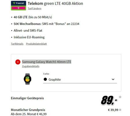 Samsung Galaxy S23 5G für 89€ + Telekom Flat 40GB für 39,99€ mtl. + Galaxy Watch 5 LTE