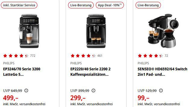 MediaMarkt Philips App Deals + 10% Extra   z.B. Philips LatteGo 5 für 449€ (statt 499€)