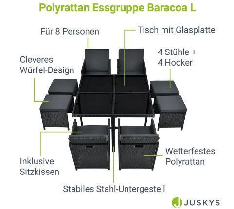 Juskys Baracoa L Polyrattan Sitzgruppe, 9 tlg. für 382,94€ (statt 430€)