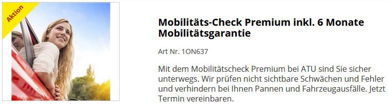 A.T.U. Mobilitäts Check Premium inkl. 6 Monate Mobilitätsgarantie für 24,99€ (statt 30€)