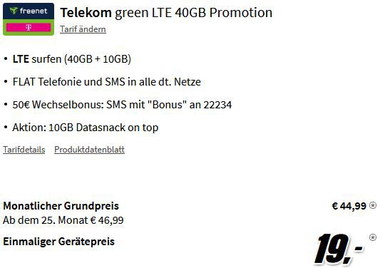 Apple iPhone 14 mit 128GB für 19€ + Telekom Allnet Flat 50GB LTE für 44,99€ mtl.
