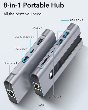 ESR 8 in 1 Portable Hub mit 4K@30Hz HDMI, USB 3.0 Ports für 26€ (statt 44€)