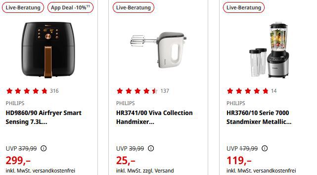 MediaMarkt Philips App Deals + 10% Extra   z.B. Philips LatteGo 5 für 449€ (statt 499€)