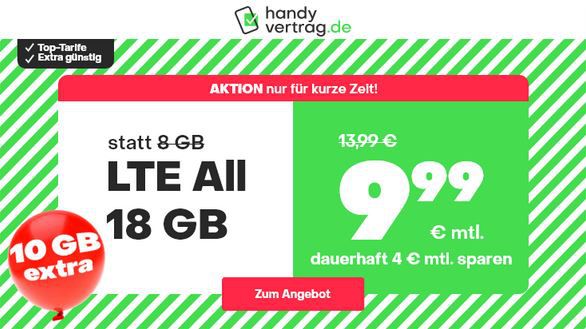 o2 Allnet Flat mit 18GB LTE für 9,99€ mtl.   monatlich kündbar!