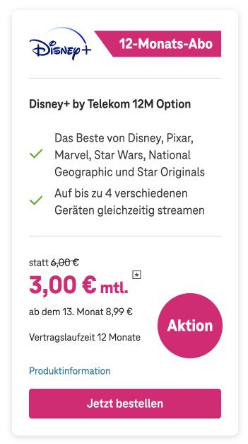 Magenta Kunden: Disney+ im Jahresabo für 3€ mtl.