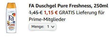 FA Duschgel Pure Freshness, 250ml ab 1,15€ (statt 1,60€)