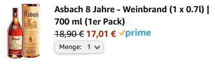 Asbach Uralt 8 Jahre (1x 0,7 Liter) für 17,01€ (statt 22€)