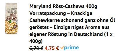 Maryland Röst Cashews Natur, 400g Vorratspackung ab 4,75€ (statt 9€)