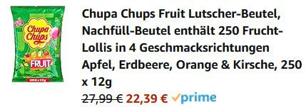 250x Chupa Chups Fruchtlutscher ab 22,39€ (statt 31€)