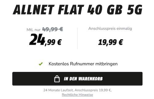 Vodafone Allnet Flat mit 40GB 5G/LTE für 24,99€ mtl. + 100€ Bonus