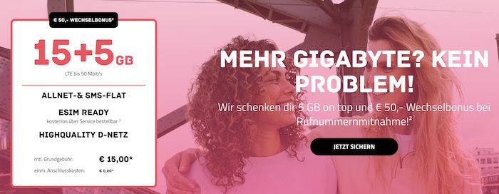Telekom Flat von Sparhandy mit 20GB LTE für 15€ mtl. + 50€ Bonus