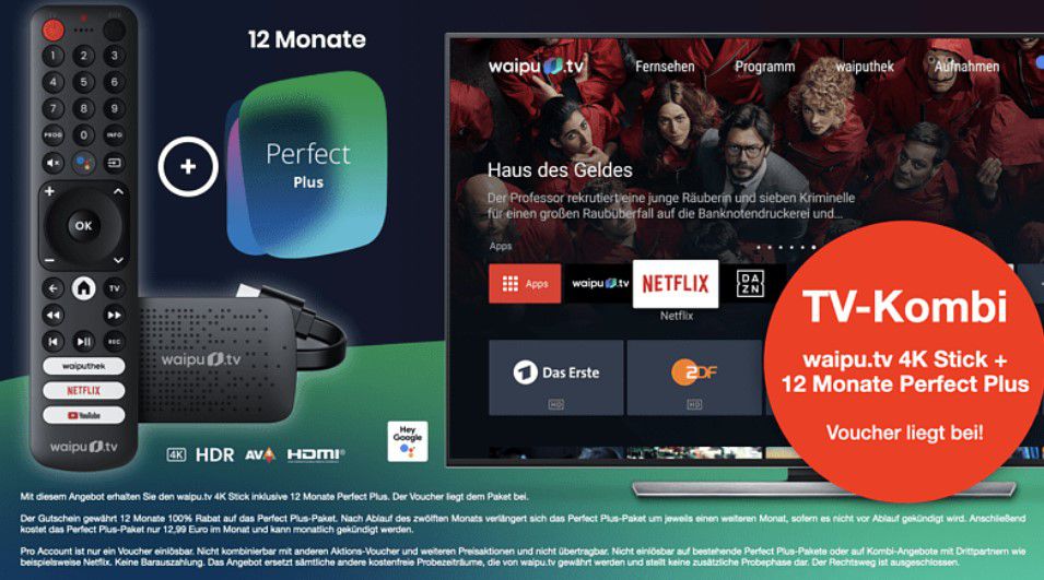 waipu.tv 4K Stick + 12 Mon. Waipu Perfect Plus 99€ (statt 216€)