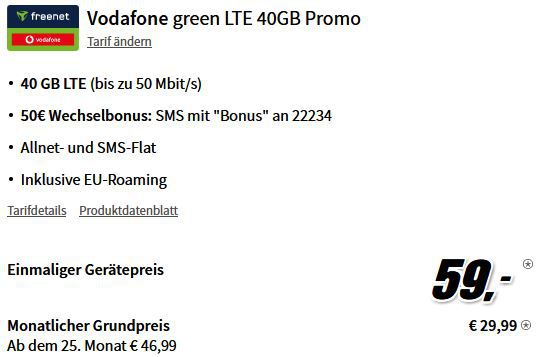 Apple iPhone 13 für 59€ + Vodafone Flat mit 40GB für 29,99€ mtl. + 50€ Bonus