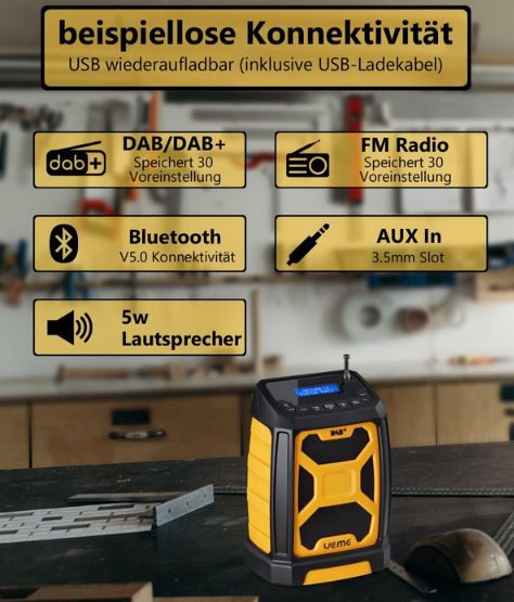 UEME Tragbares DAB+ DAB FM Radio mit Bluetooth für 30,39€ (statt 76€)