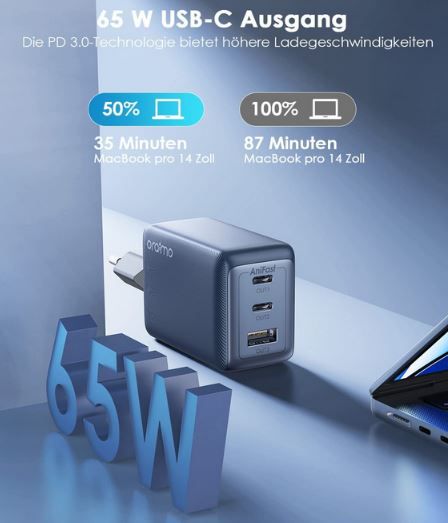Oraimo USB C 65W Schnellladegerät mit 3 Ports für 20,99€ (statt 30€)