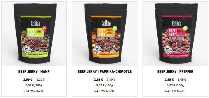 Grillido mit 30% Rabatt auf ALLES   z.B. 5er Pack Beef Jerky für 14,35€ (statt 20€)