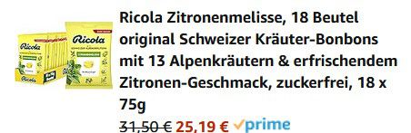 18er Pack Ricola Zitronenmelisse Kräuter Bonbons je 75g für 25,19€ (statt 32€)