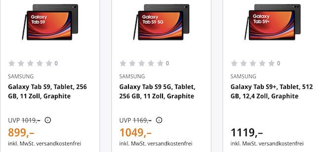 Samsung Galaxy Tab S9 Ultra / Tab S9+ / Tab S9 mit doppeltem Speicher zum selben Preis