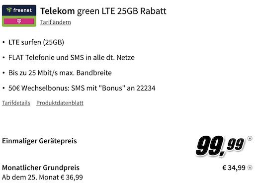Apple iPhone 14 (128GB) für 99,99€ + Telekom Allnet 25GB LTE für 34,99€ mtl