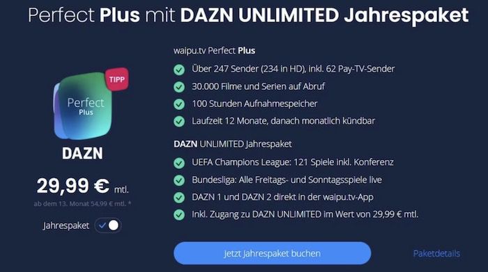 🔥 12 Monate waipu TV inkl. Pay TV + DAZN Unlimited für 29,99€ mtl. (statt 55€)