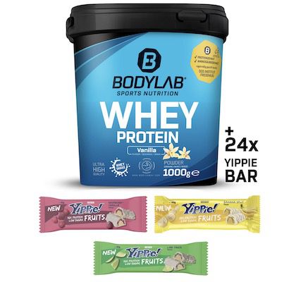 1kg Bodylab Whey + 24x Weider Yippie! Fruits Riegel für 38,82€ (statt 75€)