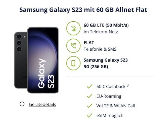 🔥 Samsung Galaxy S23 für 79,99€ + Telekom 60GB für 34,99€ mtl. + 60€ Cashback