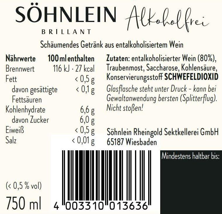 6x Söhnlein Brillant Sekt Alkoholfrei Weiß (je 0,75 l) ab 15,20€ (statt 26€)