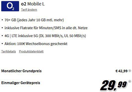 Google Pixel 7 Pro für 29,99€ + o2 Grow Flat mit 70GB für 42,99€ mtl. + 100€ Bonus