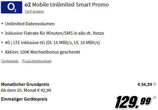 Apple iPhone 13 für 129,99€ + o2 Flat + unlimited LTE für 34,39€ mtl. + 100€ Bonus
