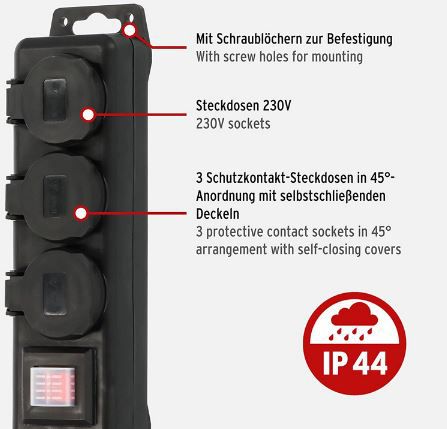 Brennenstuhl 3 Fach Outdoor Steckdosenleiste, 2m, IP44 für 11,99€ (statt 17€)