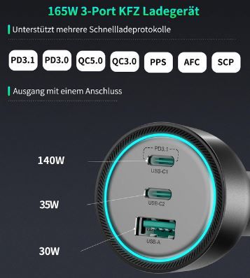 Rocoren 3 Port USB C KFZ Adapter mit 165W + Kabel für 24,94€ (statt 50€)