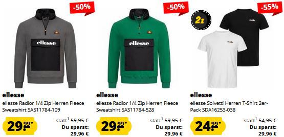 ellesse Mega Sale bis  66%   z.B. Fleece Sweatshirt 28€ (statt 33€)