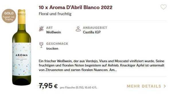 10 Flaschen Aroma DAbril Blanco 2022 Weißwein für 43,49€ (statt 79€)