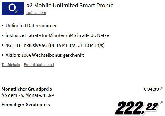 🔥 Apple iPhone 14 für 222,22€ + o2 Flat + Unlimited LTE für 34,39€ mtl. + 100€ Bonus