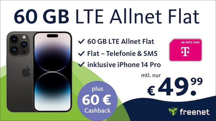 Top! 🍏 Apple iPhone 14 Pro 34,99€ + Telekom 60GB für 49,99€ mtl. + 60€ Cashback