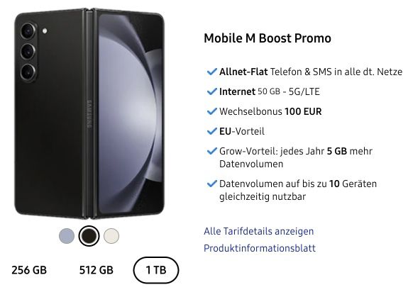 Samsung Galaxy Z Fold5 (1TB) für 563€ + o2 Allnet 50GB für 34,99€ mtl + 100€ Bonus