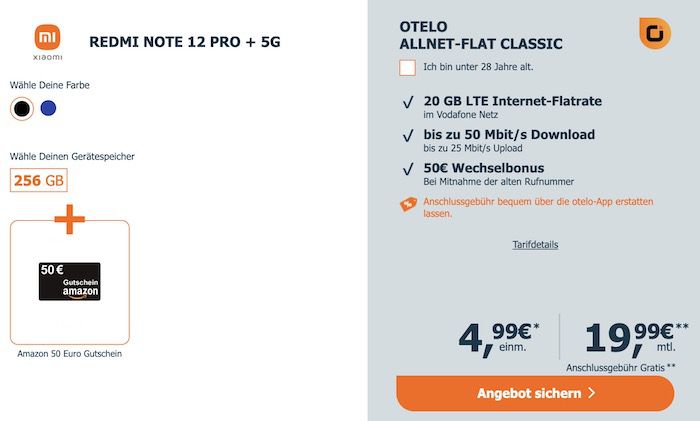 Xiaomi Redmi Note 12 Pro+ für 4,99€ + Vodafone Allnet 20GB für 19,99€ mtl. + 50€ Amazon