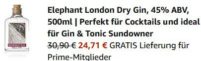 Elephant London Dry Gin 45% ABV 500ml für 24,71€ (statt 34€)