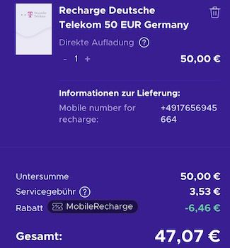 6% Rabatt auf Prepaid Guthabenkarten   z.B. 50€ Telekom für 47€