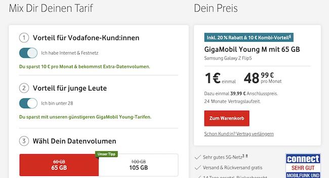 Young + Gigakombi: Samsung Galaxy Z Flip5 für 1€ + Vodafone Allnet 65GB für 40,66€ mtl.