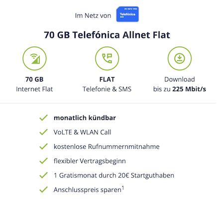 🔥 o2 Allnet Flat mit 70GB LTE für 19,99€ mtl.   monatlich kündbar