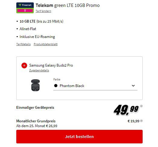 Samsung Galaxy S22 + Buds2 Pro für 49,99€ + Telekom Allnet 10GB 19,99€ mtl.
