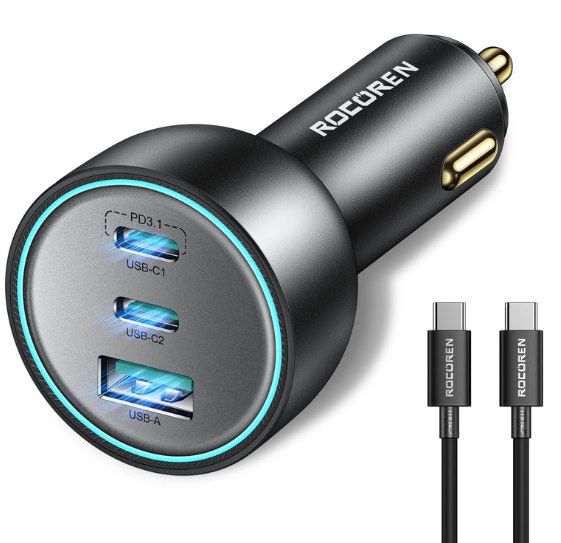 Rocoren 3-Port USB-C KFZ-Adapter mit 165W + Kabel für 24,94€ (statt 50€)